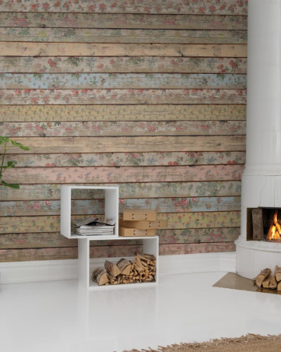 Tapet 3D Wall Garden, aspect realist lemn cu detalii florale