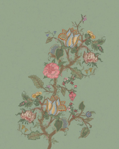 Tapet floral Growing Wild - design luxuriant cu un arbore cu flori delicate în culori pastelate pe un fond verde.