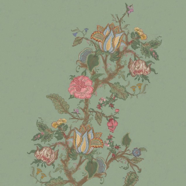 Tapet floral Growing Wild - design luxuriant cu un arbore cu flori delicate în culori pastelate pe un fond verde.