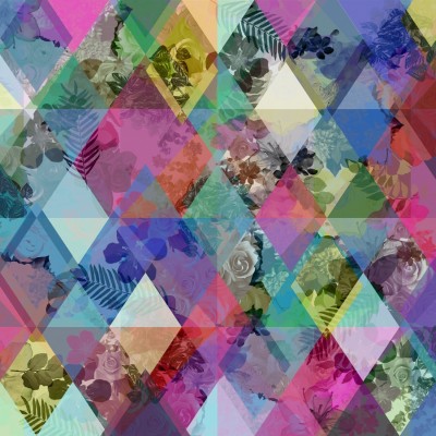 Tapet geometric cu flori delicate în nuanțe de roz, violet, albastru și verde.