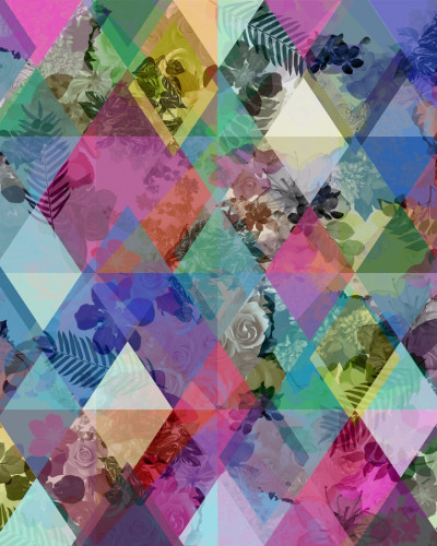 Tapet geometric cu flori delicate în nuanțe de roz, violet, albastru și verde.