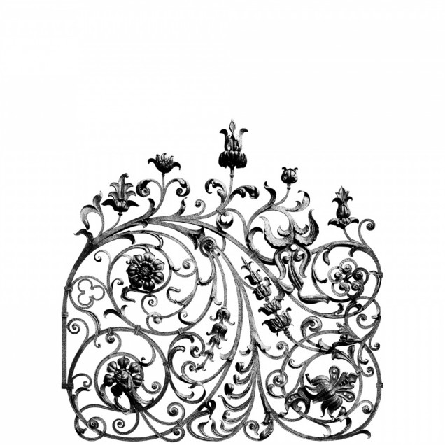 Tapet cu design vintage, cu o poarta din fier forjat si flori.