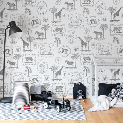 Tapet cu design Animal Party, cu imagini desenate cu animale din junglă, dispuse pe un fundal alb