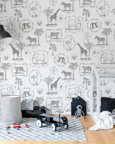 Tapet cu design Animal Party, cu imagini desenate cu animale din junglă, dispuse pe un fundal alb