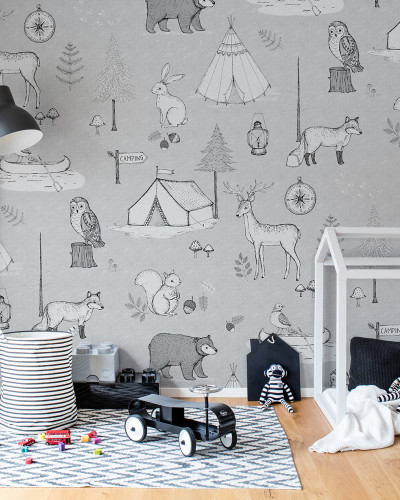 Tapet Camping Trip Gri, tapet cu design unic de camping, tapet cu animăluțe, tapet pentru decorarea camerei