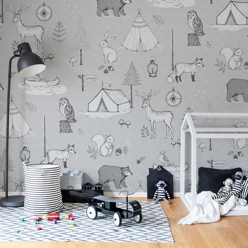 Tapet Camping Trip Gri, tapet cu design unic de camping, tapet cu animăluțe, tapet pentru decorarea camerei