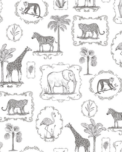 Tapet cu design Animal Party, cu imagini desenate cu animale din junglă, dispuse pe un fundal alb