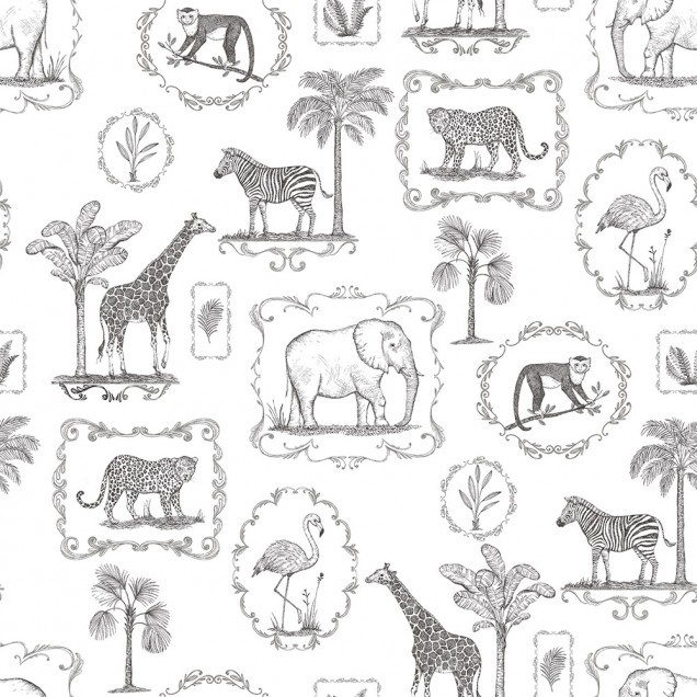 Tapet cu design Animal Party, cu imagini desenate cu animale din junglă, dispuse pe un fundal alb
