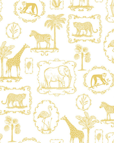 Tapet cu model grafic atragator, Animal Party, Yellow, cu diverse animale incadrate intr-un stil vintage.