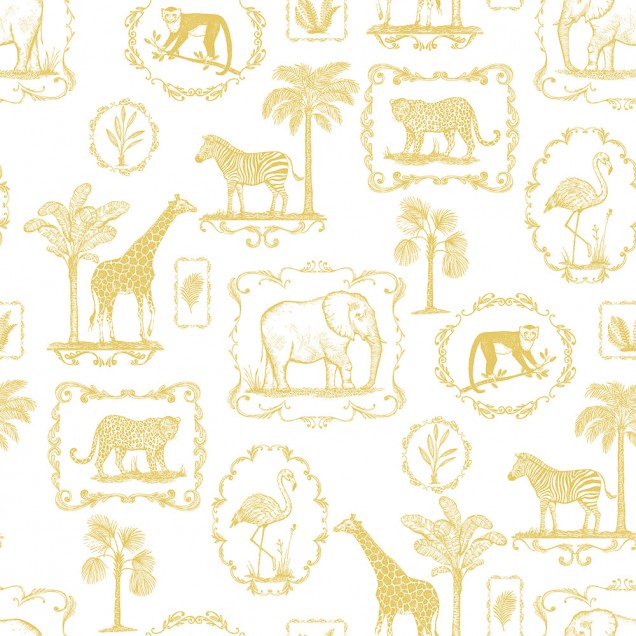 Tapet cu model grafic atragator, Animal Party, Yellow, cu diverse animale incadrate intr-un stil vintage.