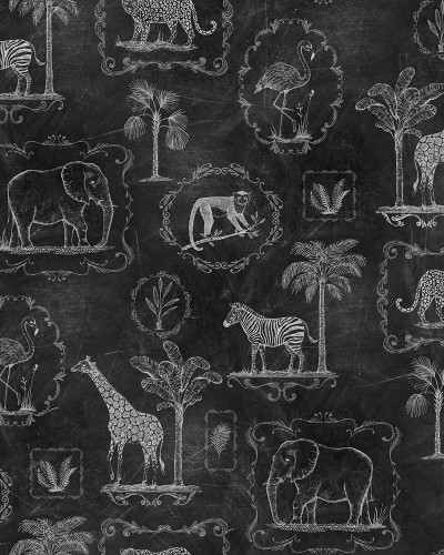 Tapet Animal Party, Blackboard cu design de animale safari desenate cu cretă pe un fond negru.