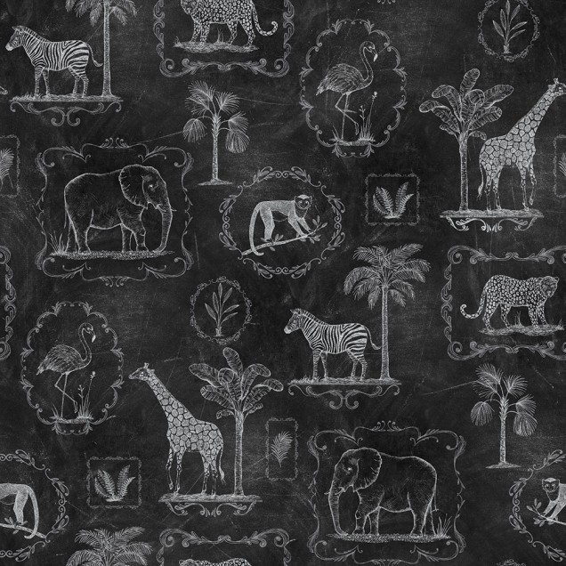 Tapet Animal Party, Blackboard cu design de animale safari desenate cu cretă pe un fond negru.