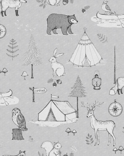 Tapet Camping Trip Gri, tapet cu design unic de camping, tapet cu animăluțe, tapet pentru decorarea camerei