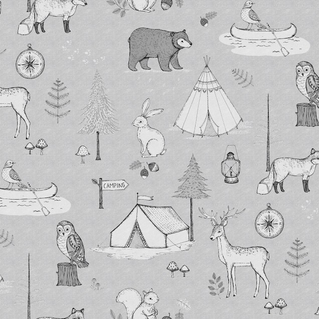 Tapet Camping Trip Gri, tapet cu design unic de camping, tapet cu animăluțe, tapet pentru decorarea camerei