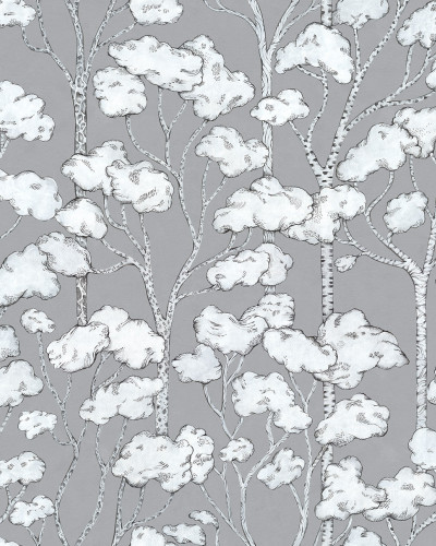 Tapet Animal Tree Gri, cu un design modern de arbori și nori, pe un fundal gri