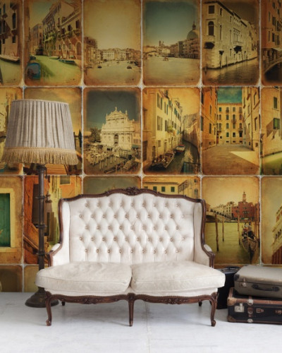 Tapet cu design vintage, Memories of Venice, reprezentând canalele și străduțele pitorești ale Veneției.
