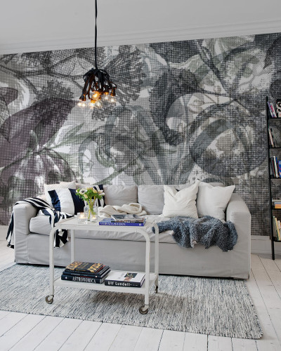 Tapet Jelly Belly Plants, Black & White, cu design geometric minimalist in nuante de gri si alb.