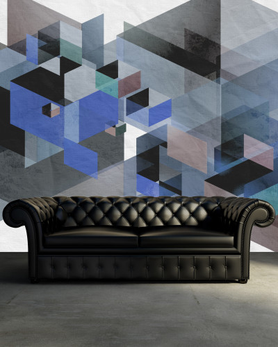 Tapet 3D Fractal, cu design geometric abstract, cu accente de albastru, gri și maro.