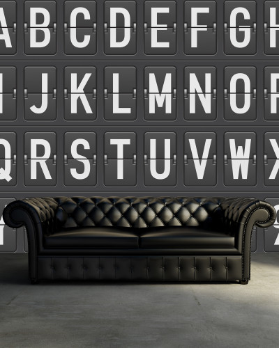 Tapet minimalist Departure Alphabet cu litere albe pe fond gri inchis