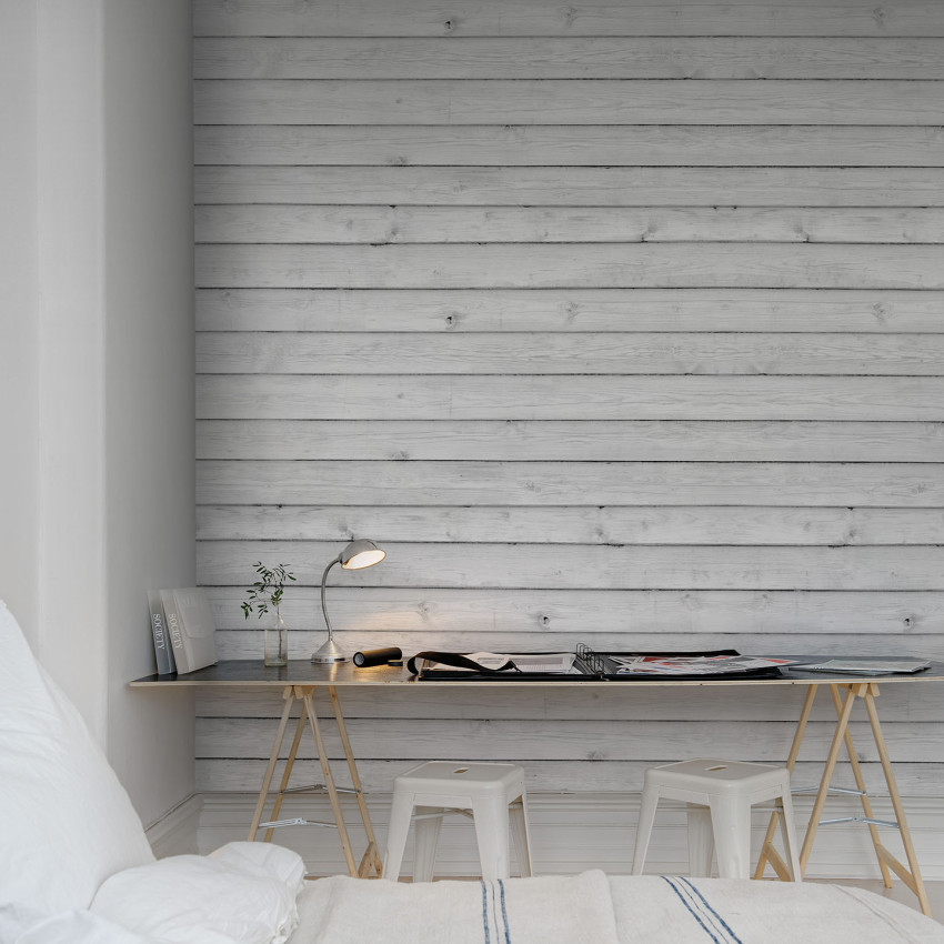 Tapet 3D cu aspect de lemn alb, cu textura reala, pentru un aspect rustic si elegant.