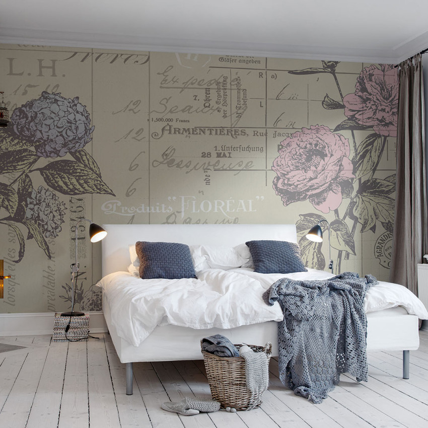Fototapet floral cu design vintage într-un dormitor