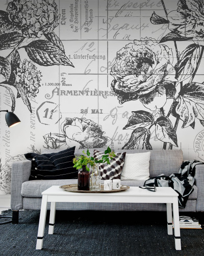 Tapet floral elegant în nuanțe de gri, cu detalii fine și text vintage.