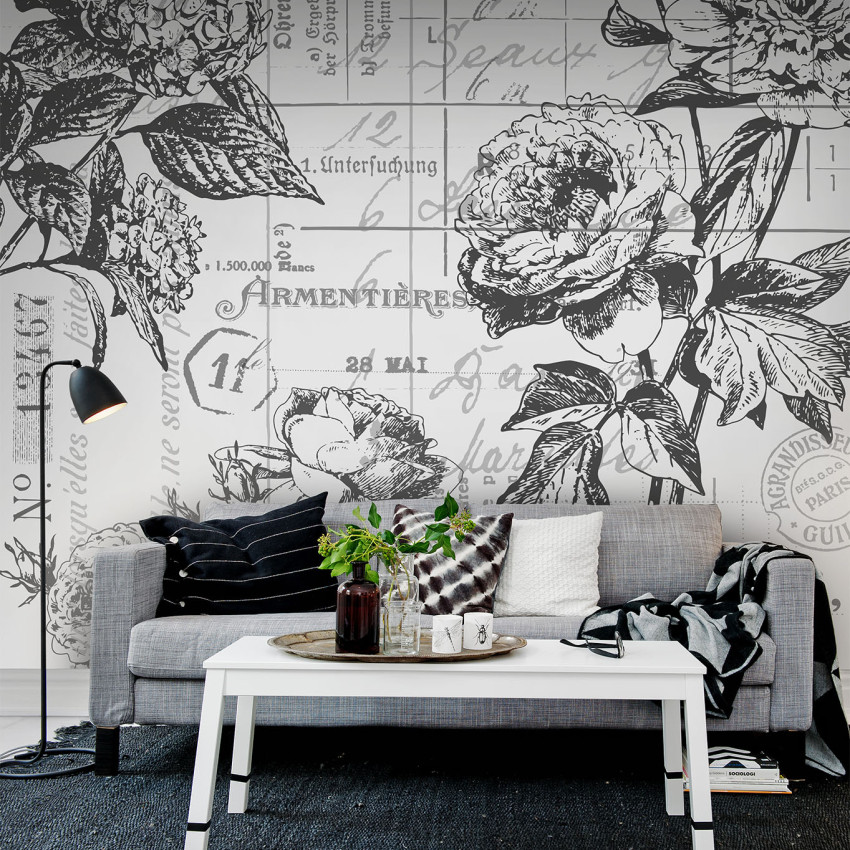 Tapet floral elegant în nuanțe de gri, cu detalii fine și text vintage.