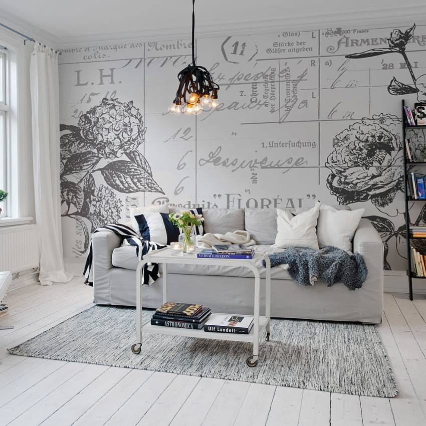 Fototapet floral alb-negru într-un living modern