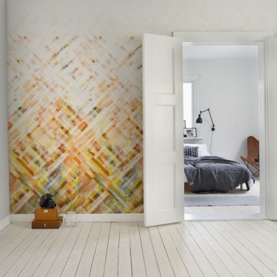 Tapet geometric Dream Weaver, cu design modern și culori calde de galben și alb.