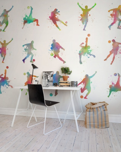 Wallpaper Football Color - Siluete de jucători de fotbal în culori vibrante pe un fundal alb.