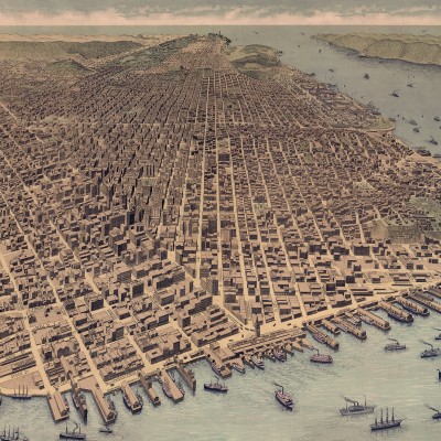 Tapet 3D "A City Rises" cu o vedere aeriană a unui oraș din anii 1800, montat într-un hol.