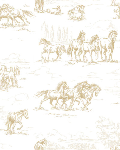 Imagine cu Horse Herd, Gold - tapet cu cai aurii desenati, pe un fundal alb.
