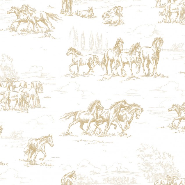 Imagine cu Horse Herd, Gold - tapet cu cai aurii desenati, pe un fundal alb.