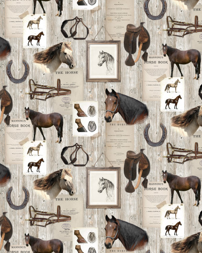 Tapet cu cai, ilustrări vintage și fundal de lemn rustic