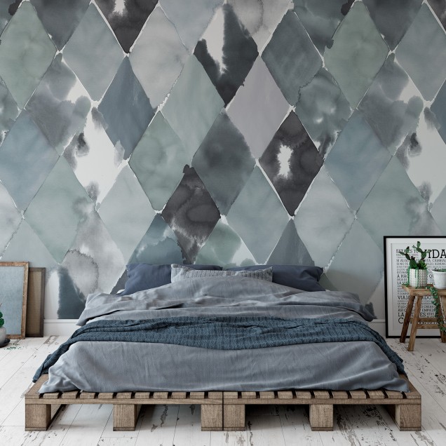 Tapet cu model geometric Big Harlequin, Breeze, cu culori pastelate de albastru și gri