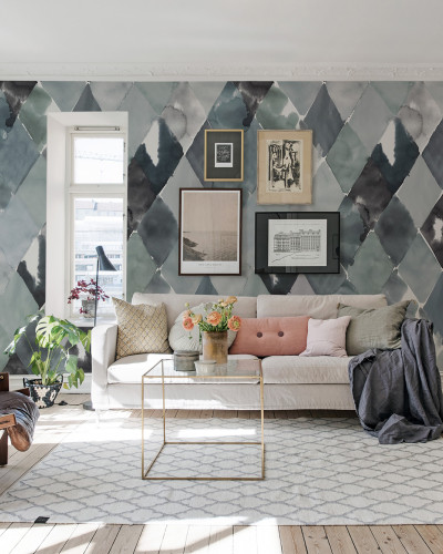 Tapet cu model geometric Big Harlequin, Breeze, cu culori pastelate de albastru și gri