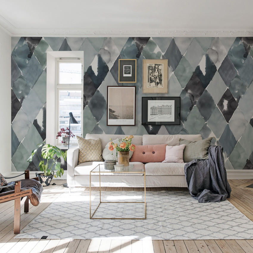 Tapet cu model geometric Big Harlequin, Breeze, cu culori pastelate de albastru și gri