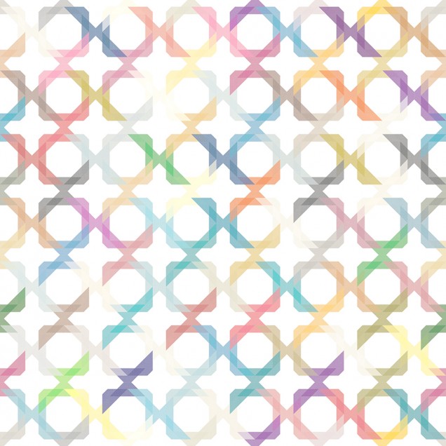 Imagine cu un wallpaper cu un model geometric repetitiv in culori pastelate. Wallpaper-ul este aplicat pe un perete intr-o camera de zi.