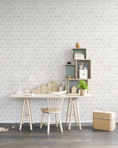 Tapet Birch Bark Braids White repetitiv cu un model geometric din scoarță de mesteacăn