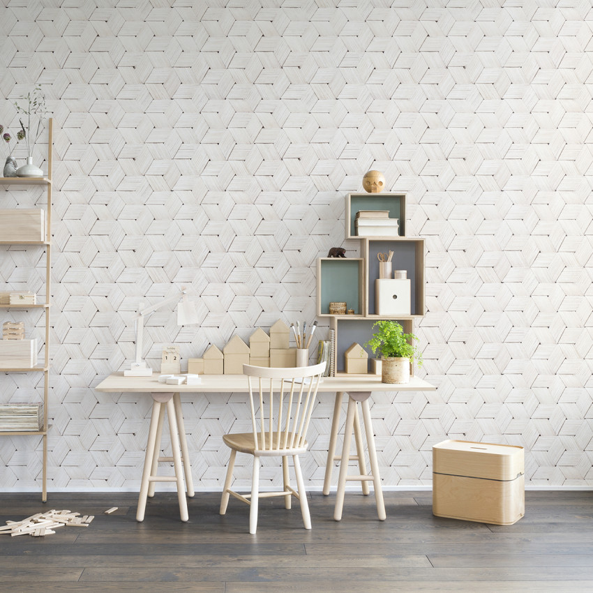 Tapet Birch Bark Braids White repetitiv cu un model geometric din scoarță de mesteacăn