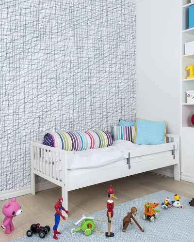 Tapet cu design minimalist, Note Sheets Baby Blue, in nuante de gri si albastru, perfect pentru camera copilului.