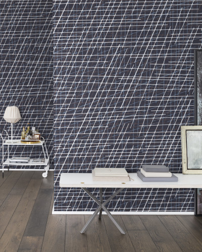 Tapet Note Sheets, Denim, repetitiv cu un design geometric abstract modern, linii curbe delicate, diverse nuanțe de albastru, fundal denim.