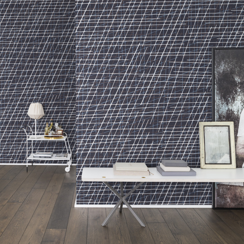 Tapet Note Sheets, Denim, repetitiv cu un design geometric abstract modern, linii curbe delicate, diverse nuanțe de albastru, fundal denim.