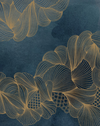 Tapet 3D cu design abstract în nuanțe de albastru și auriu.