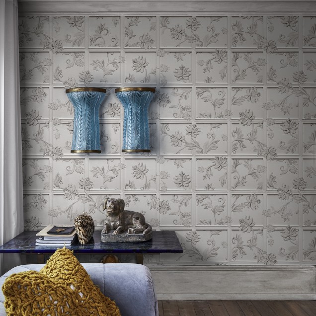 Tapet Winchester, Pearl, cu design de panouri și flori delicate, în nuanțe de gri