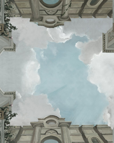 Tapet Lucca, Cloud, cu design unic, ilustrează un cer senin cu nori albi, aflat sub un bolou magnific.