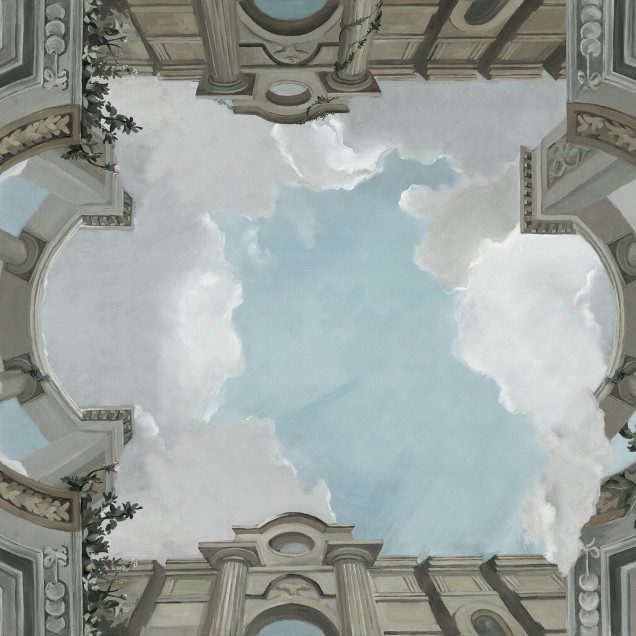 Tapet Lucca, Cloud, cu design unic, ilustrează un cer senin cu nori albi, aflat sub un bolou magnific.