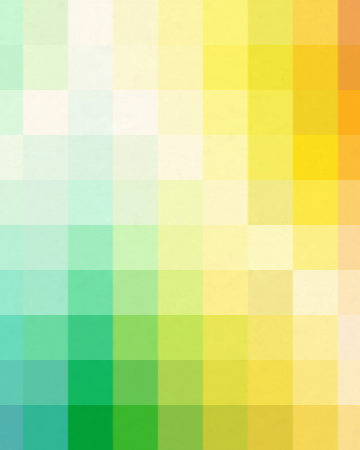 Fototapet cu design geometric si culori vibrante, cu un aranjament de pătrate în nuanțe de verde, galben și roz, într-un birou cu un desktop alb