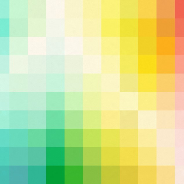 Fototapet cu design geometric si culori vibrante, cu un aranjament de pătrate în nuanțe de verde, galben și roz, într-un birou cu un desktop alb