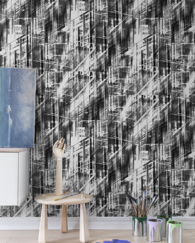 Wallpaper abstract Neon City, Black, cu design urban in tonuri de gri si negru.